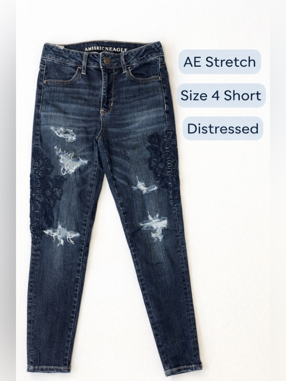 American Eagle Super Stretch Jeans Sz 4 Dark Wash Distressed Skinny Embroidered - Picture 5 of 5